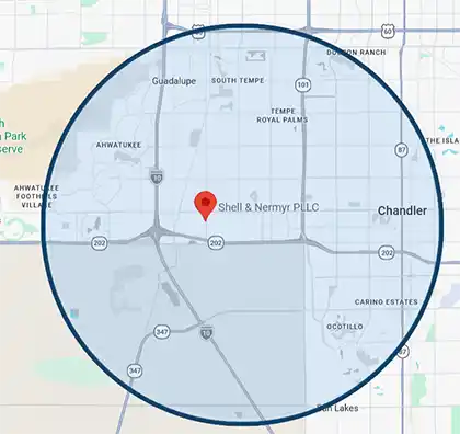 Local map graphic of Chandler area with radius circle